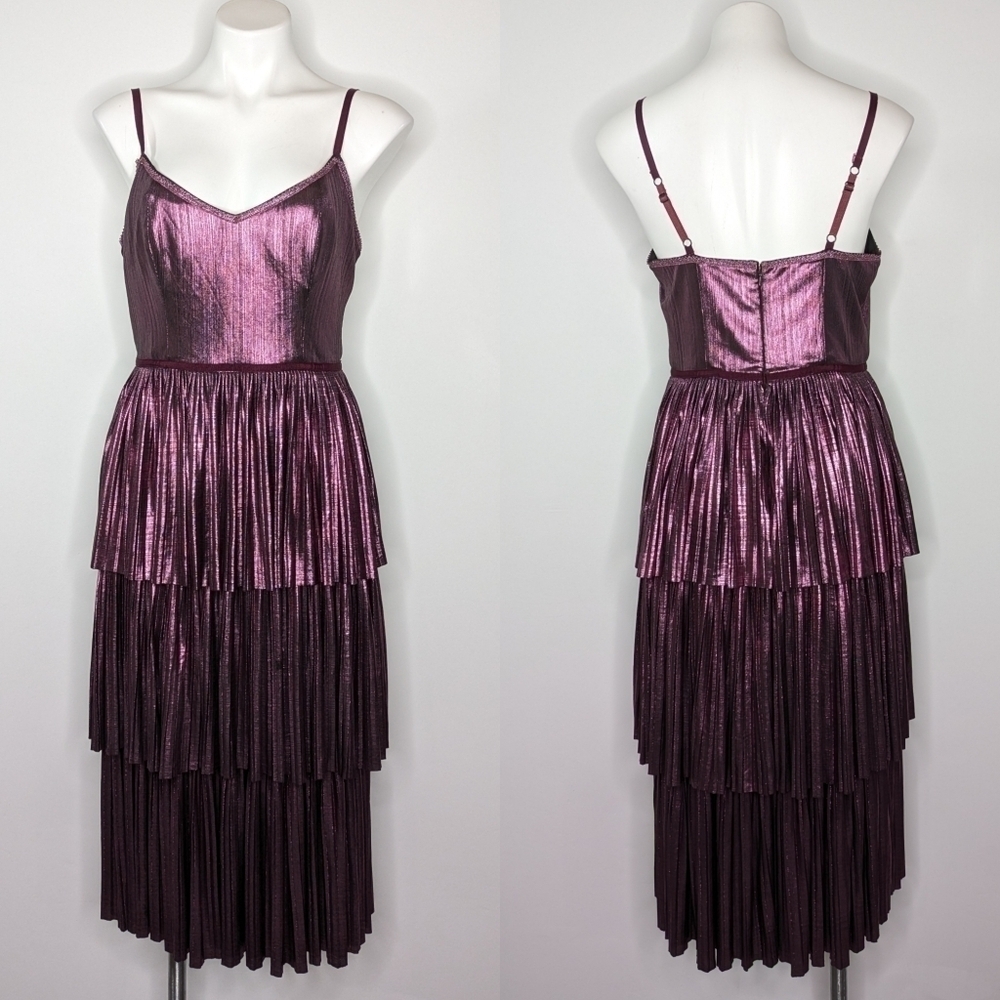 Marchesa Notte pleated tiered metallic purple evening cocktail dress 8